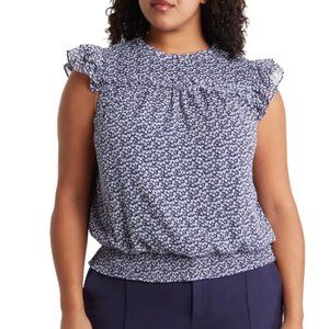 1.STATE Short Sleeve Ruffle Smocked Floral Print Blouse Navy/White 1X